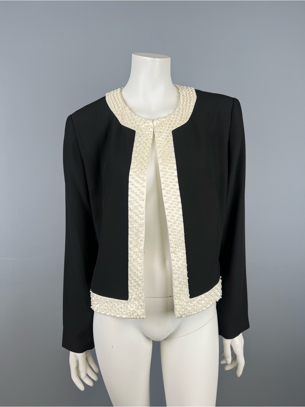 Talbots Beaded Pearl Black Jacket with Cream Trim - Elegant Women's Coat